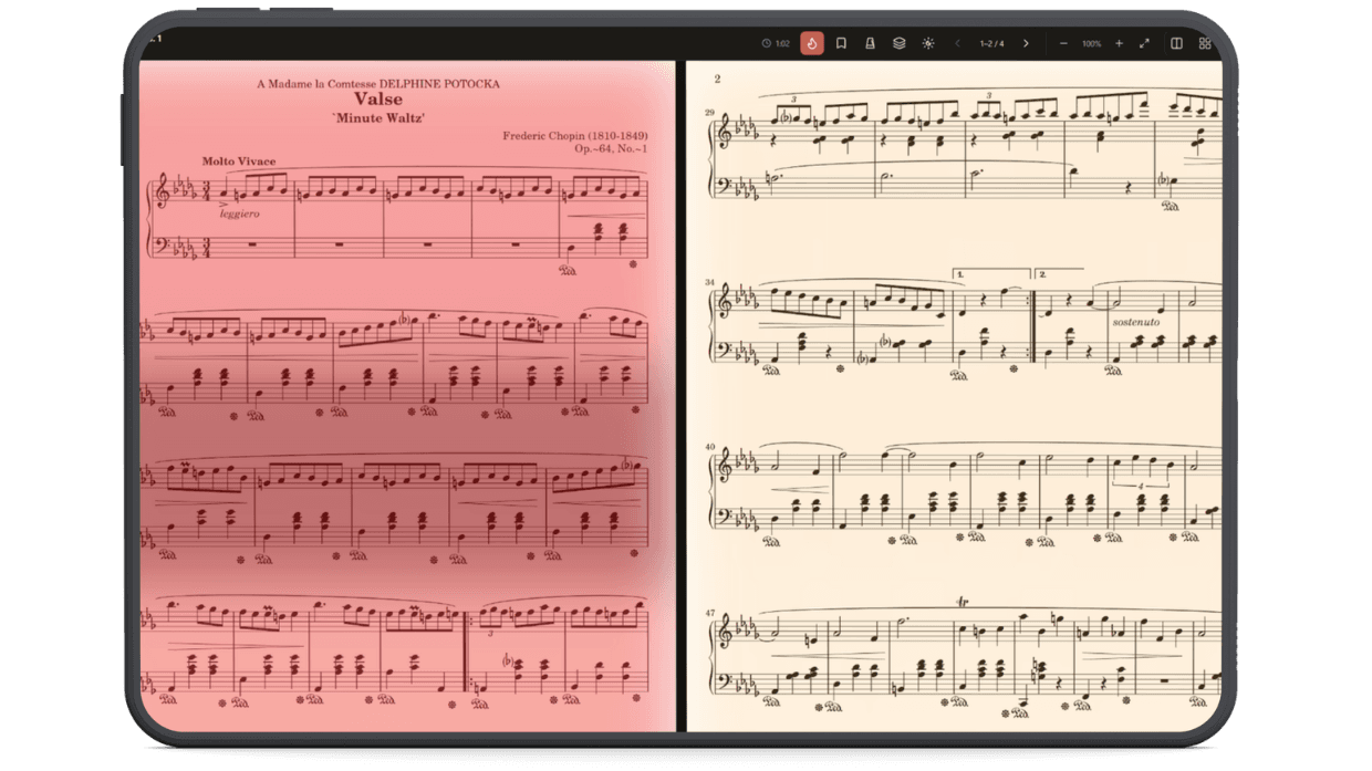 Practice heatmap overlaid on a score, warm where the most time was spent