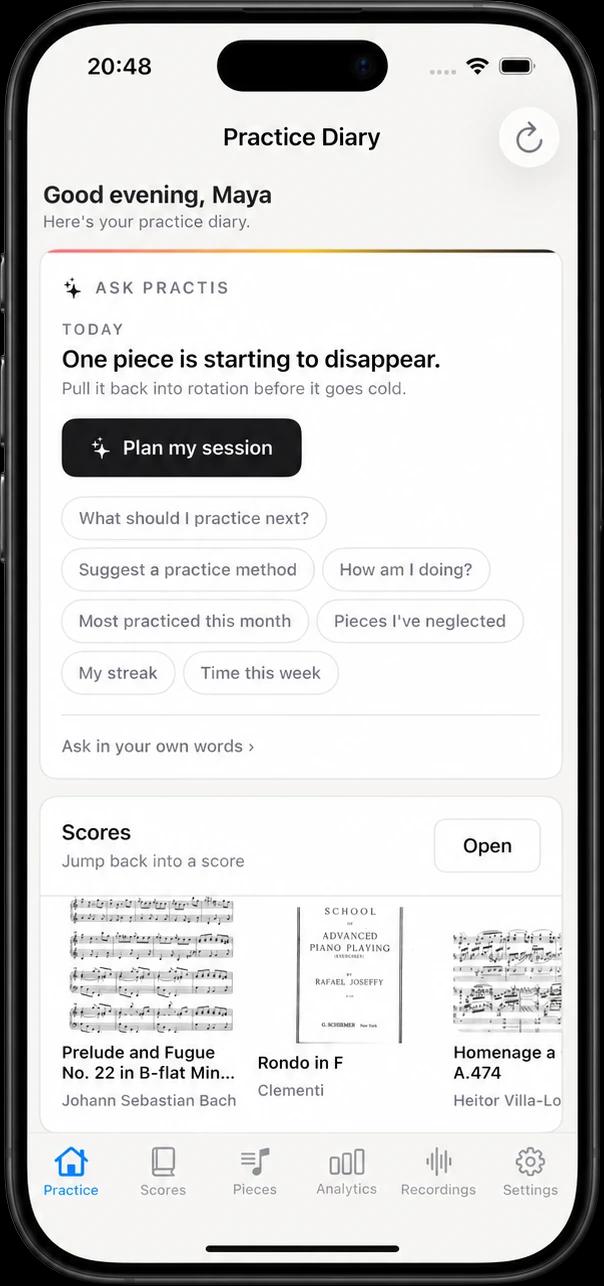 The Practis iPhone app showing the practice diary and sheet music