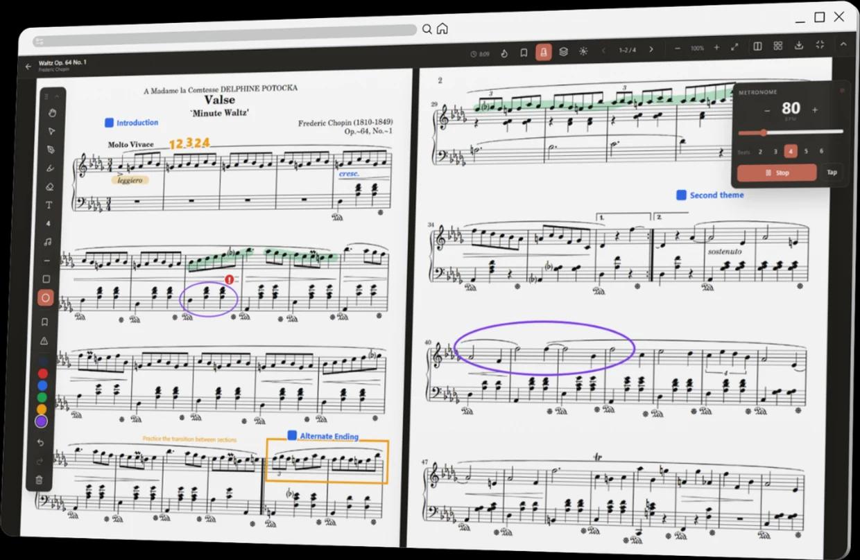 The Practis score reader with annotations and a metronome beside the sheet music