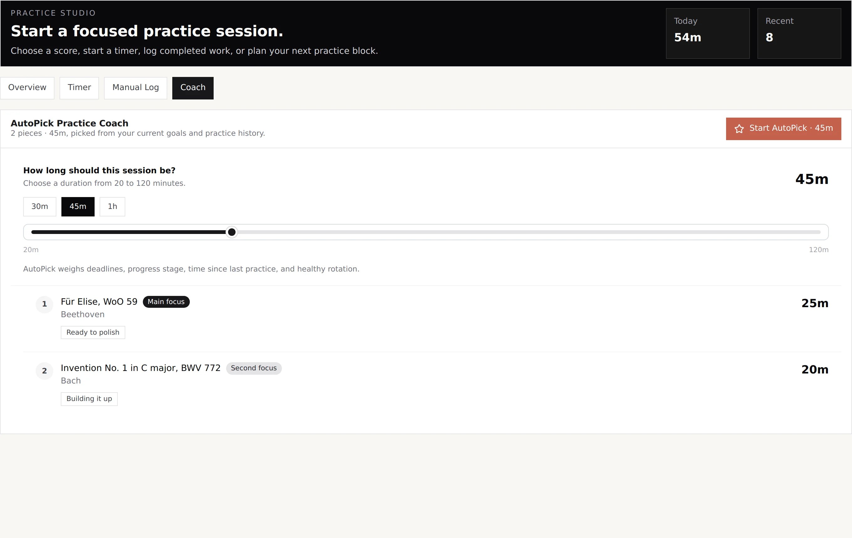 The practice coach organising a session around selected pieces and the available time