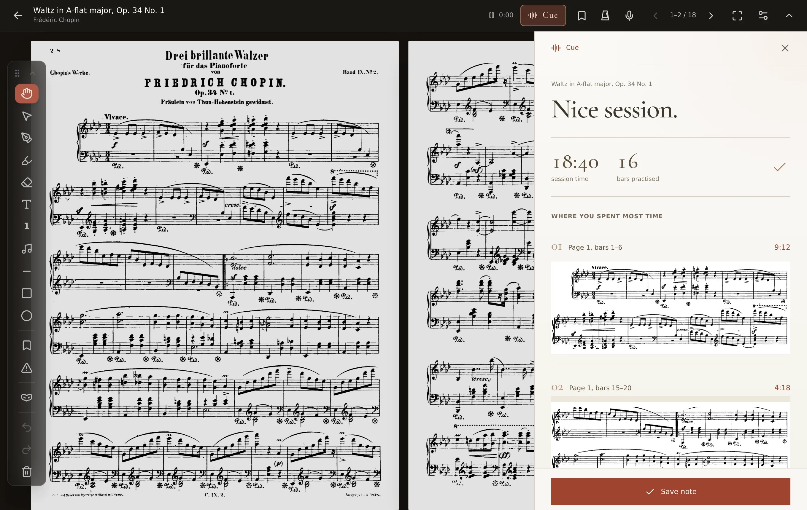 Cue beside an open score, reviewing the most practised passages with score previews and time spent