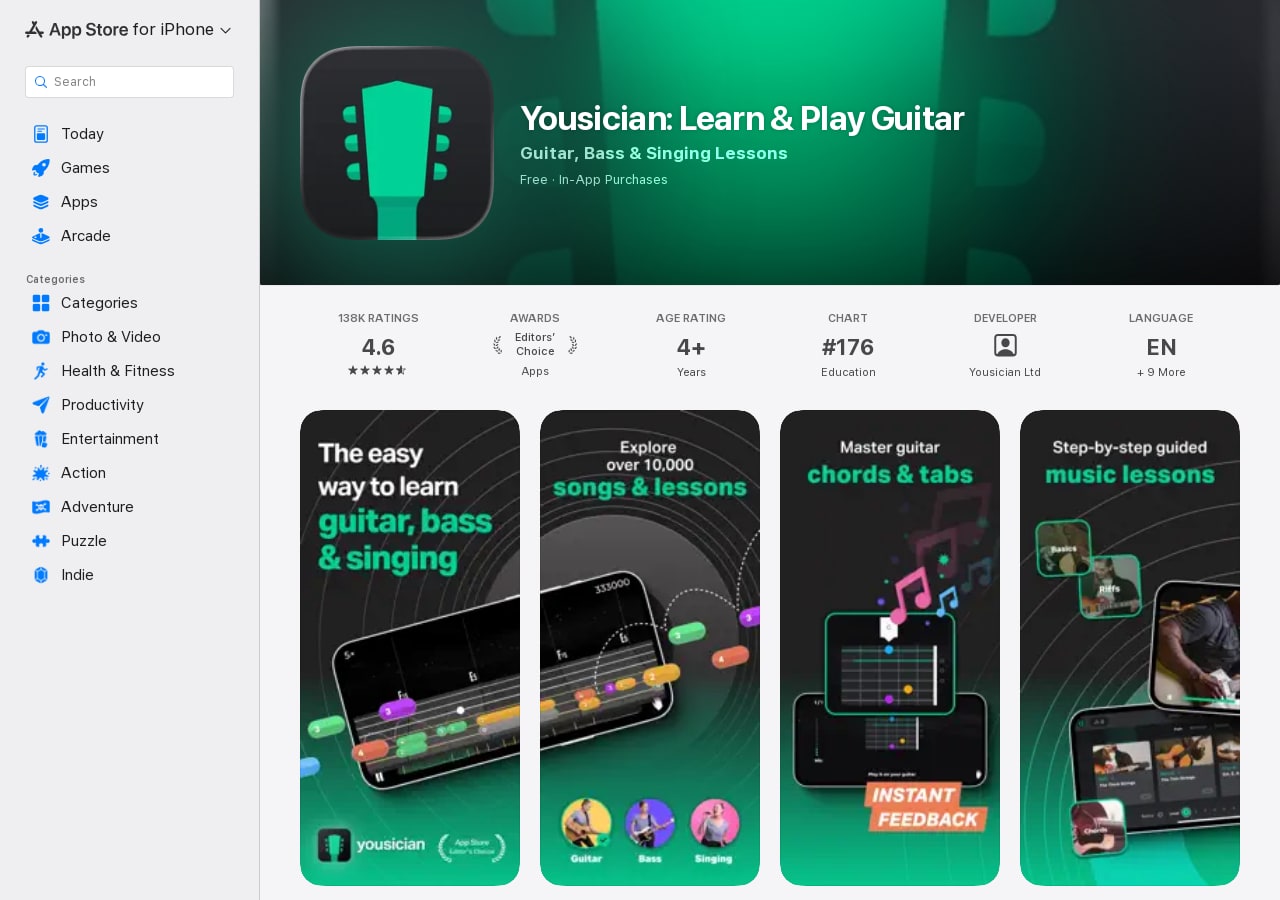 Yousician App Store page showing its guitar lesson and feedback screens