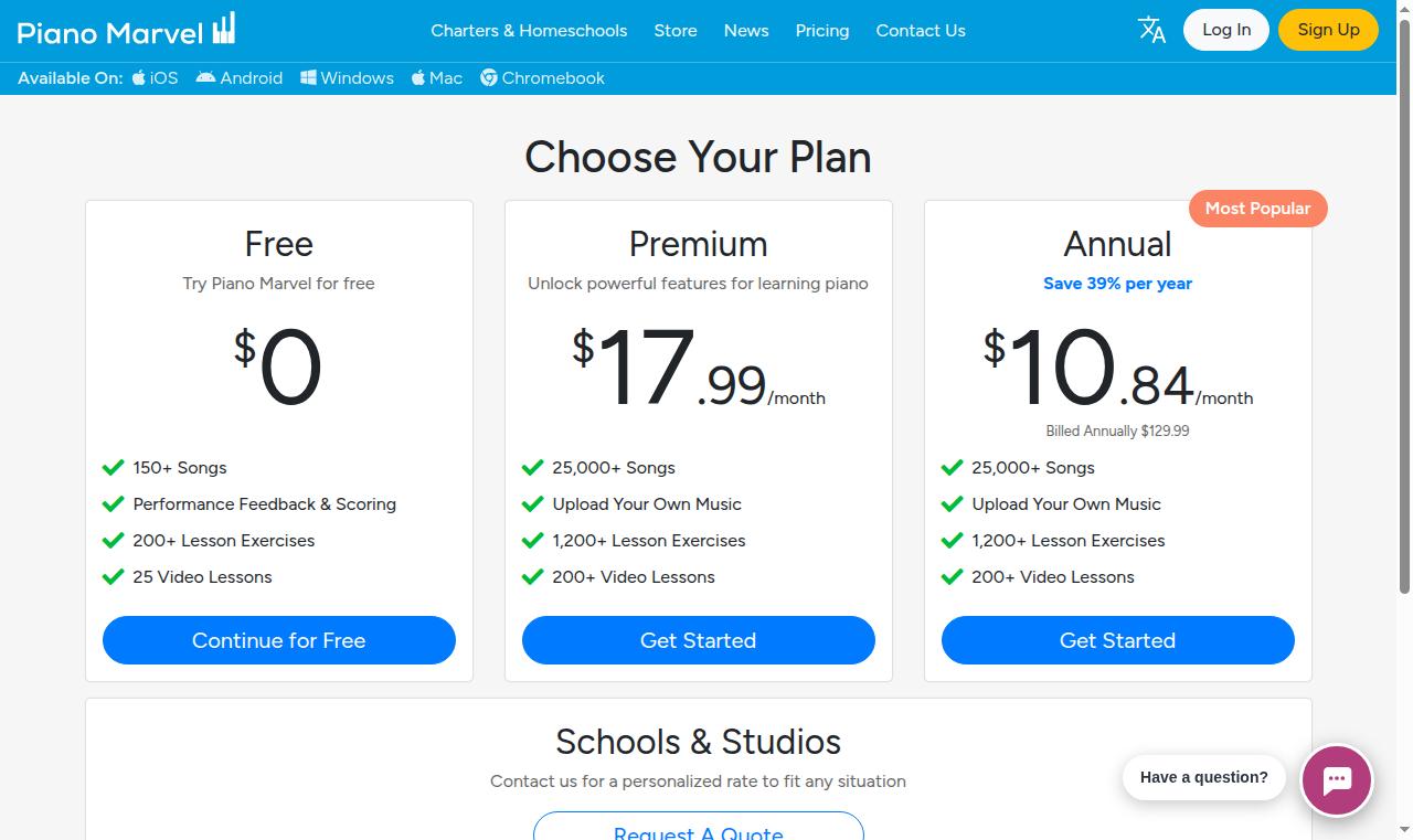 Piano Marvel pricing page showing free, monthly, and annual plans in August 2026