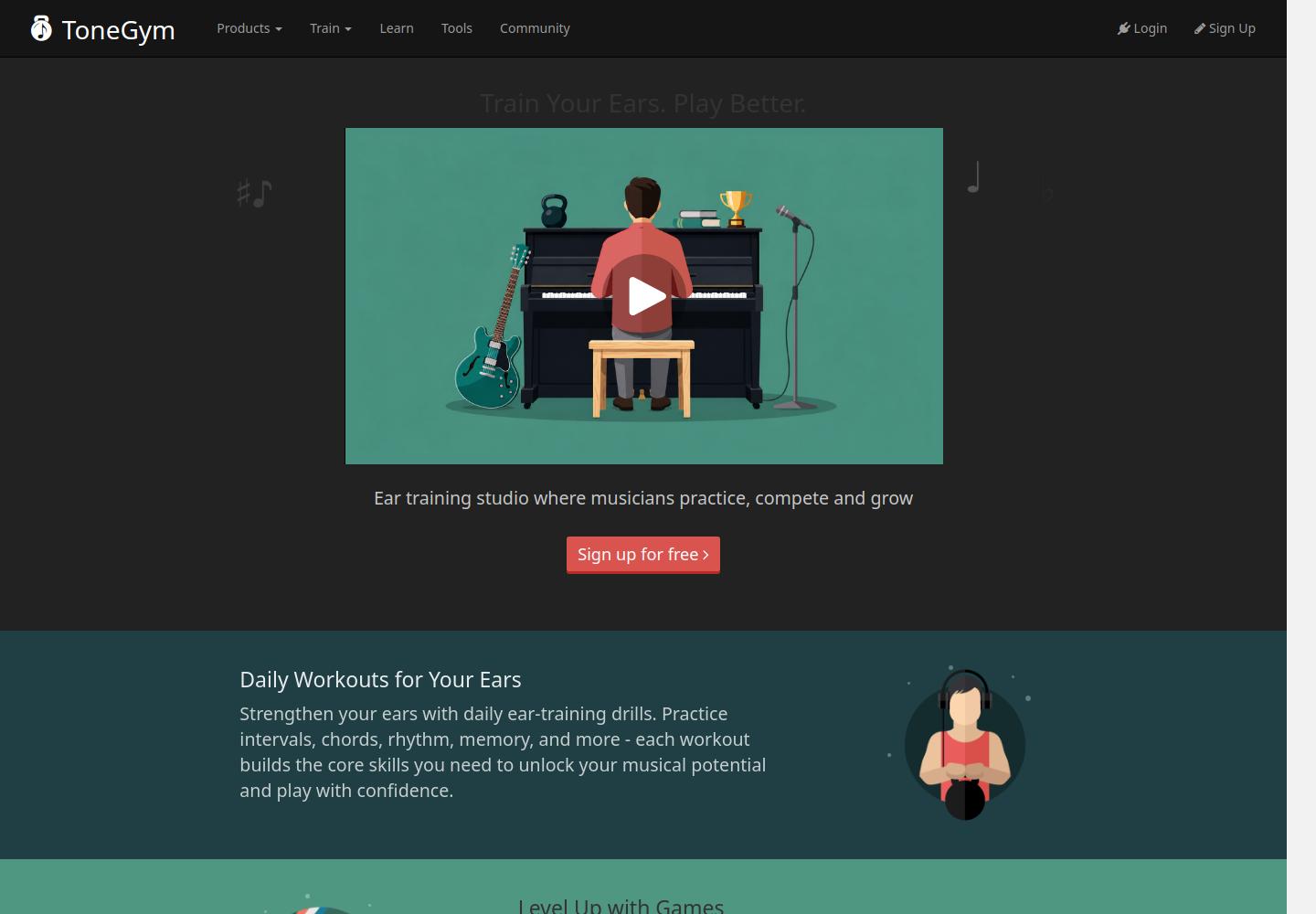 ToneGym website showing its ear-training studio and daily workout sections