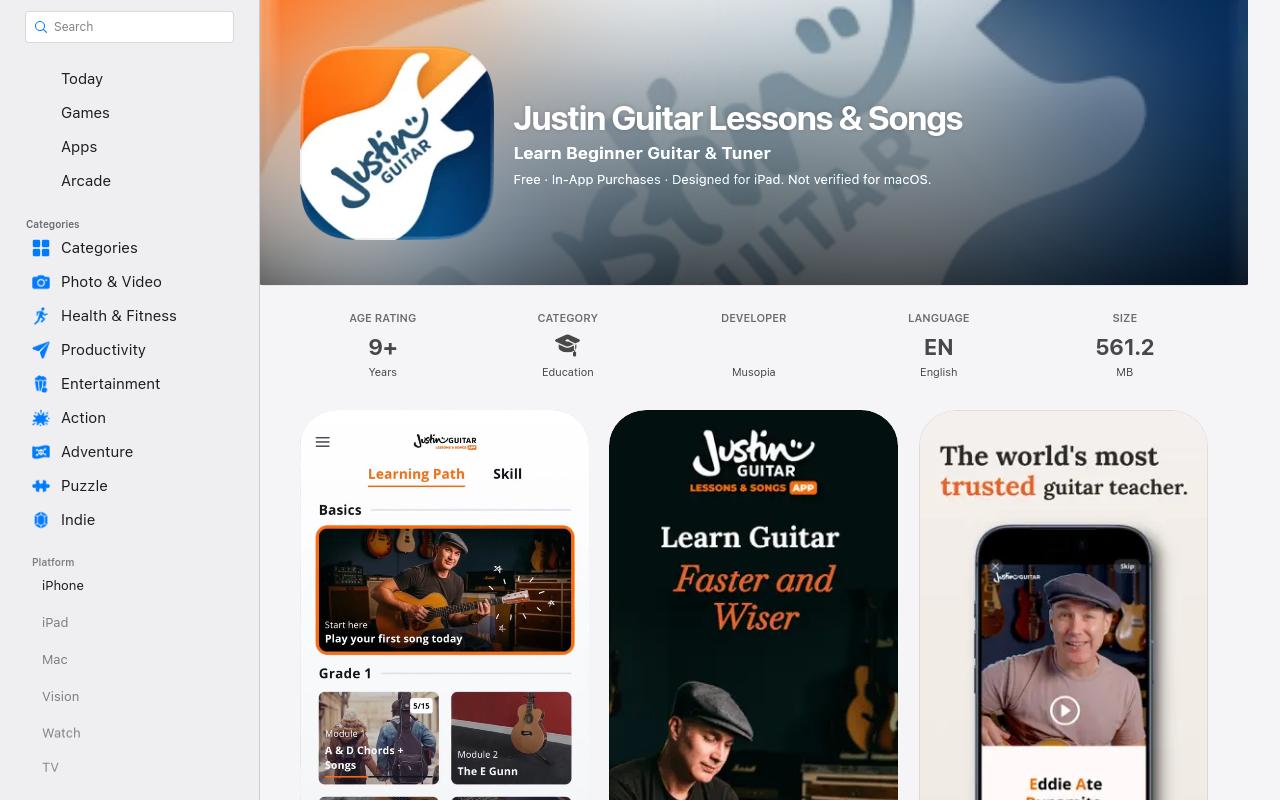 Justin Guitar Lessons and Songs listing showing its learning path and lesson screens