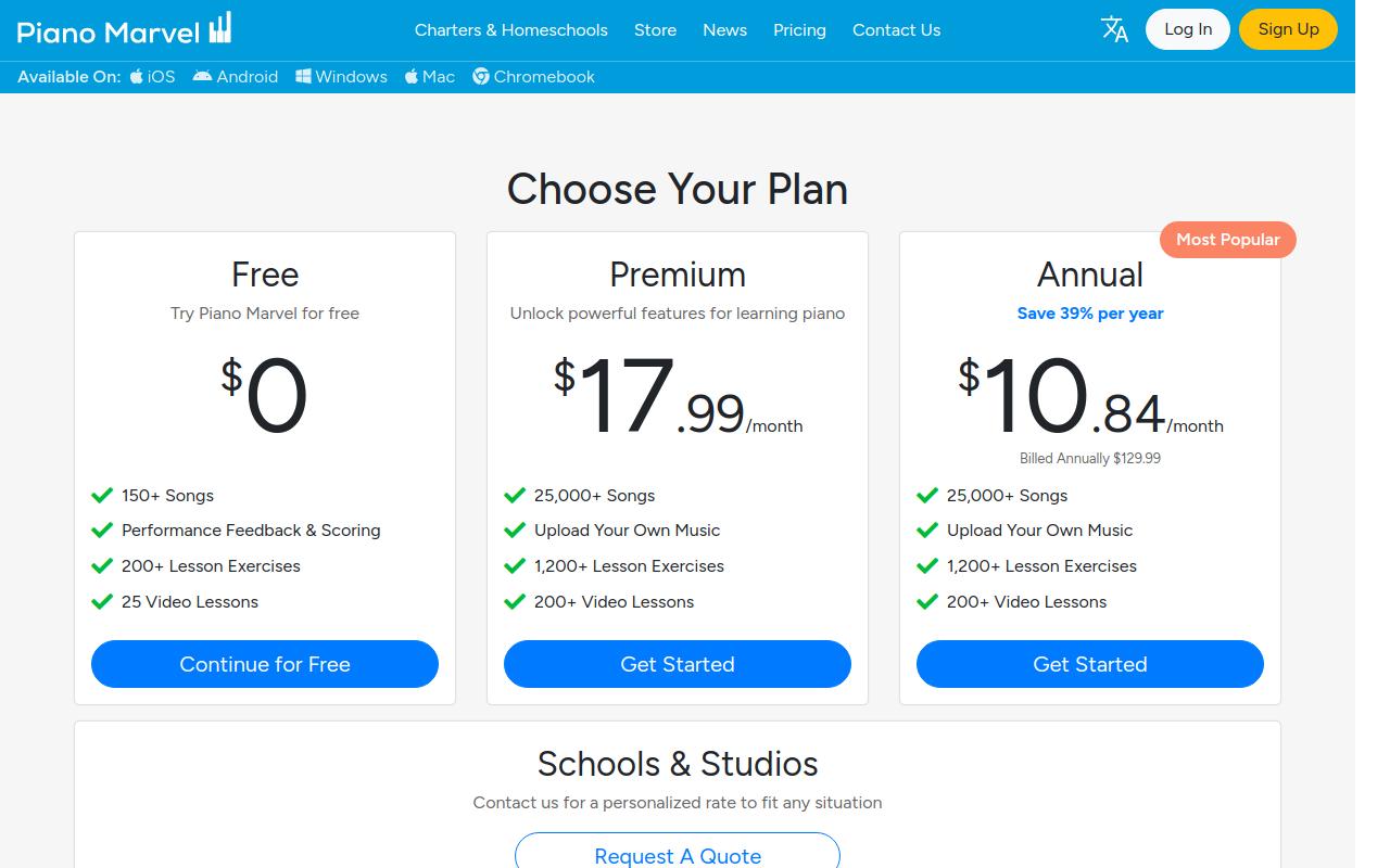 Piano Marvel pricing page showing its free, monthly, and annual plans