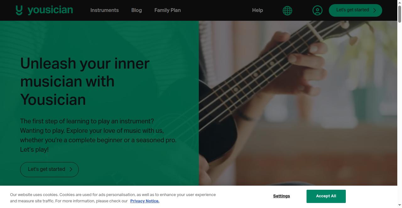 Yousician homepage showing its multi-instrument learning offer in August 2026